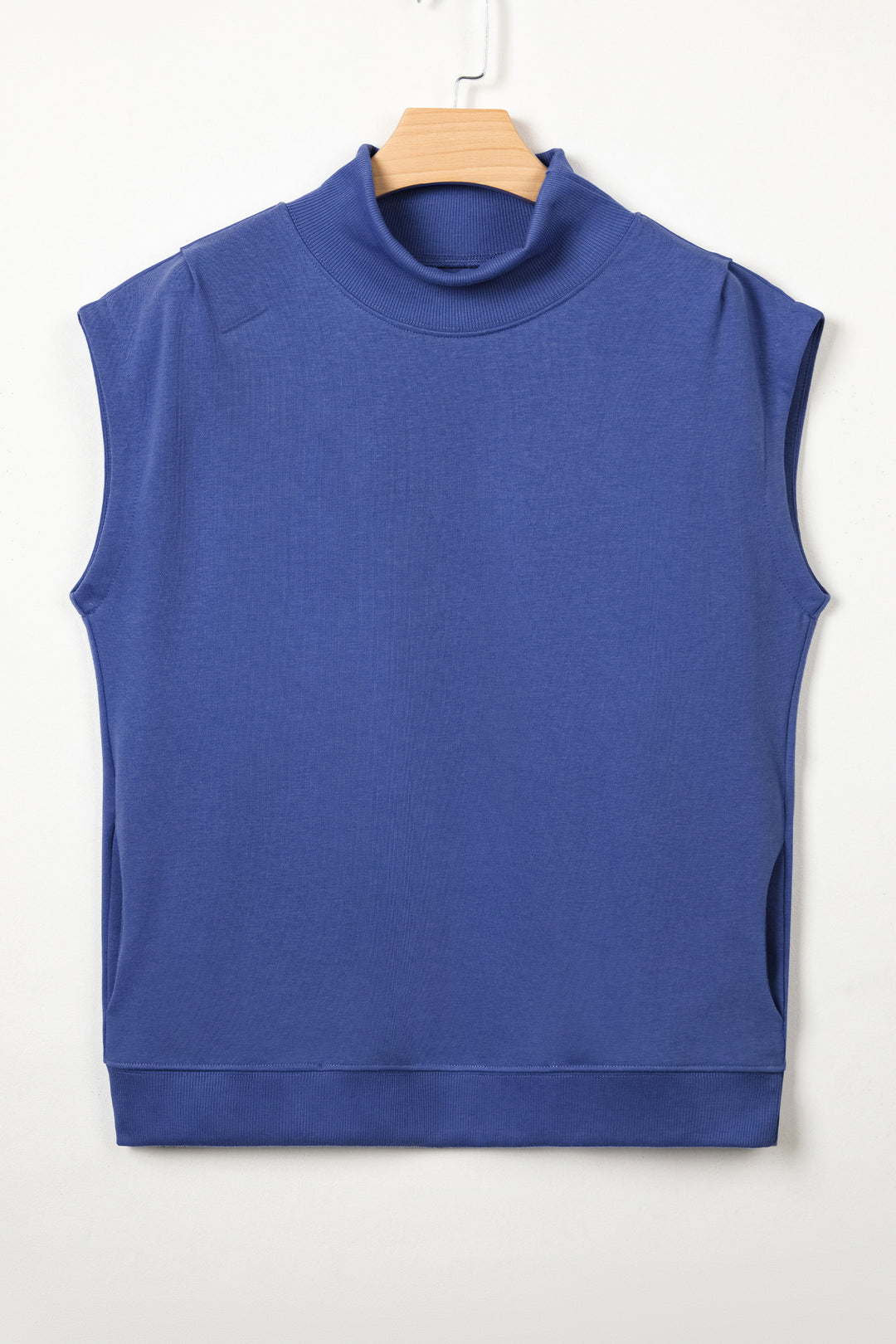 Sky Blue Solid Color High Neck Cap Sleeve Loose Top
