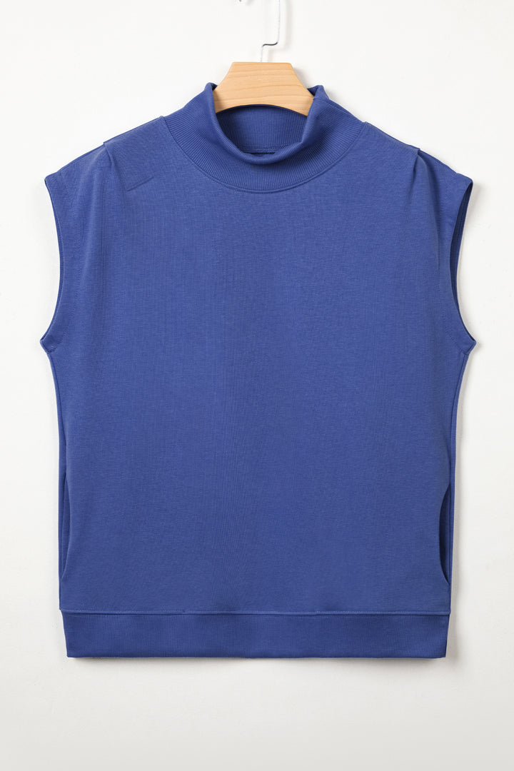 Sky Blue Solid Color High Neck Cap Sleeve Loose Top
