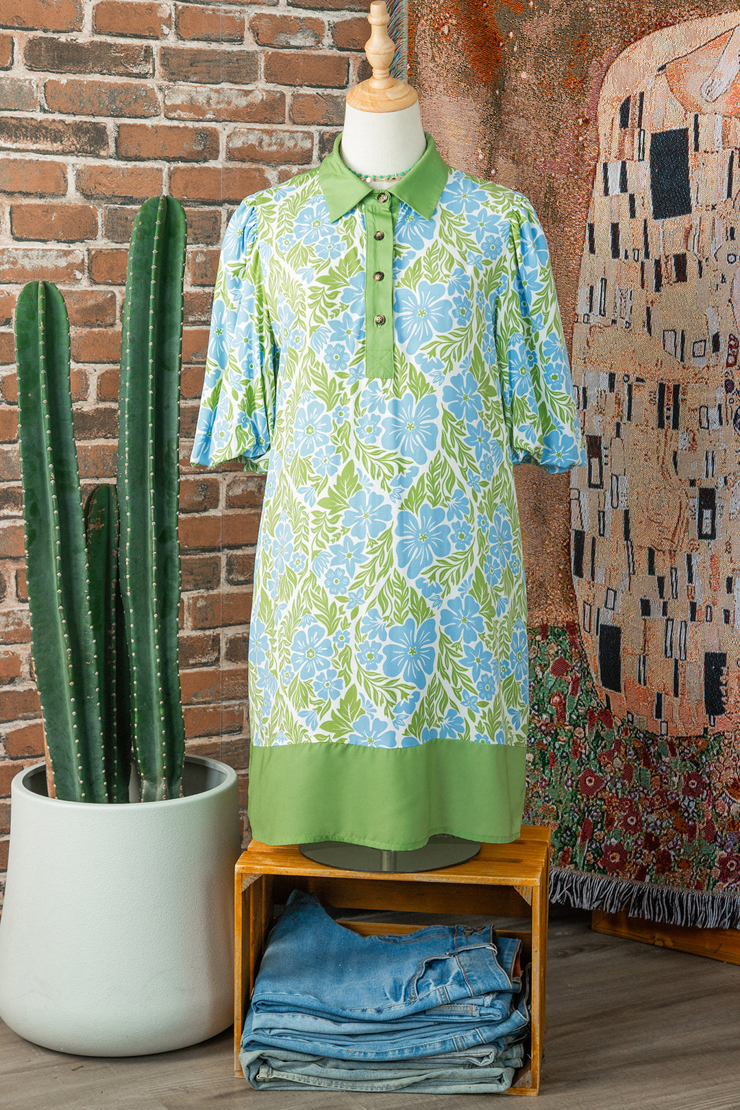 Sky Blue Floral Print Color Block Patchwork Shirt Collar Half Sleeve Mini Dress