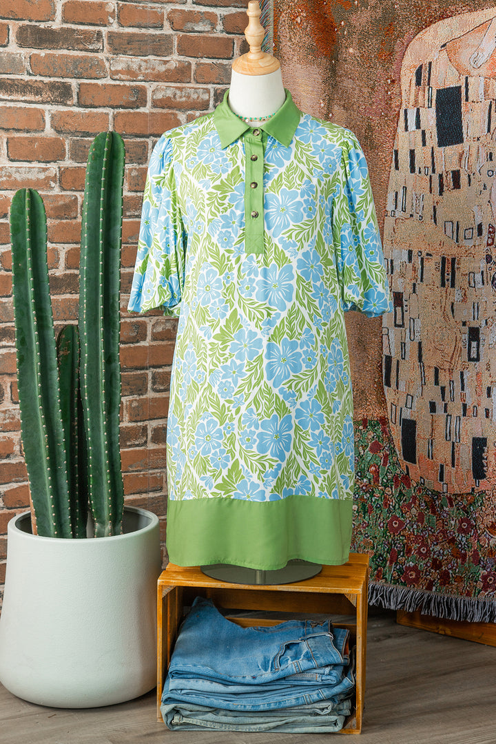 Sky Blue Floral Print Color Block Patchwork Shirt Collar Half Sleeve Mini Dress