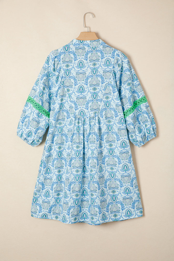 Sky Blue Boho Paisley Print Bracelet Sleeve Loose Mini Dress