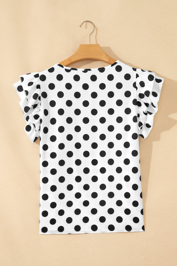 White Polka Dot Print Ruffled Short Sleeve Blouse