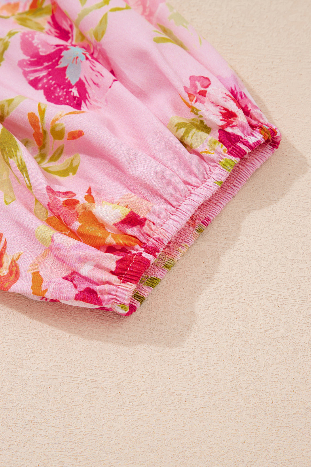 Pink Floral Print Tie Neck Puffy Half Sleeve Blouse