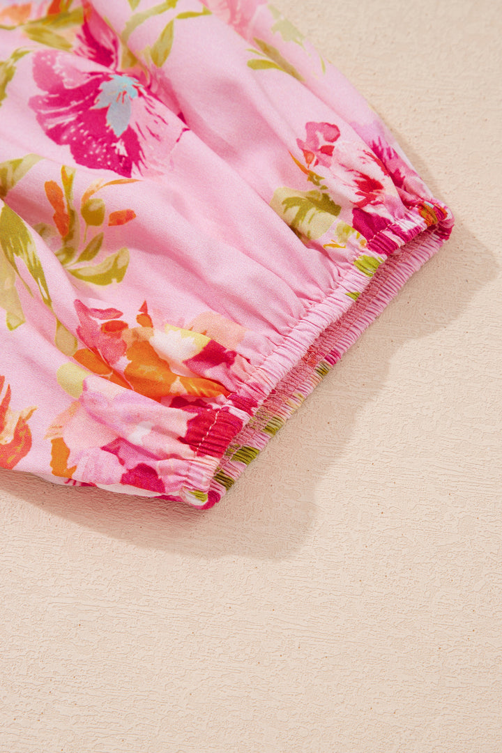 Pink Floral Print Tie Neck Puffy Half Sleeve Blouse