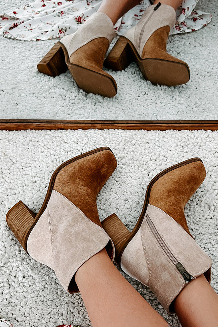 Two Tone Faux Suede Square Toe Chunky Heel Boots