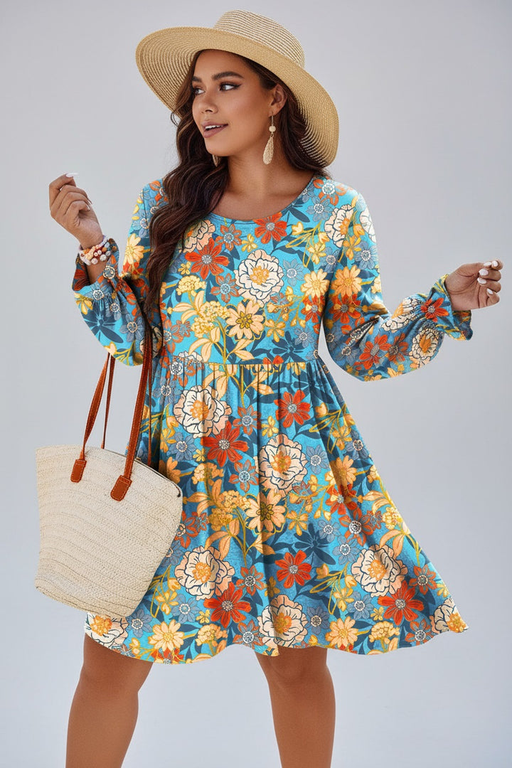 Blue Plus Size Floral Ruffled Long Sleeve Flowy Mini Dress