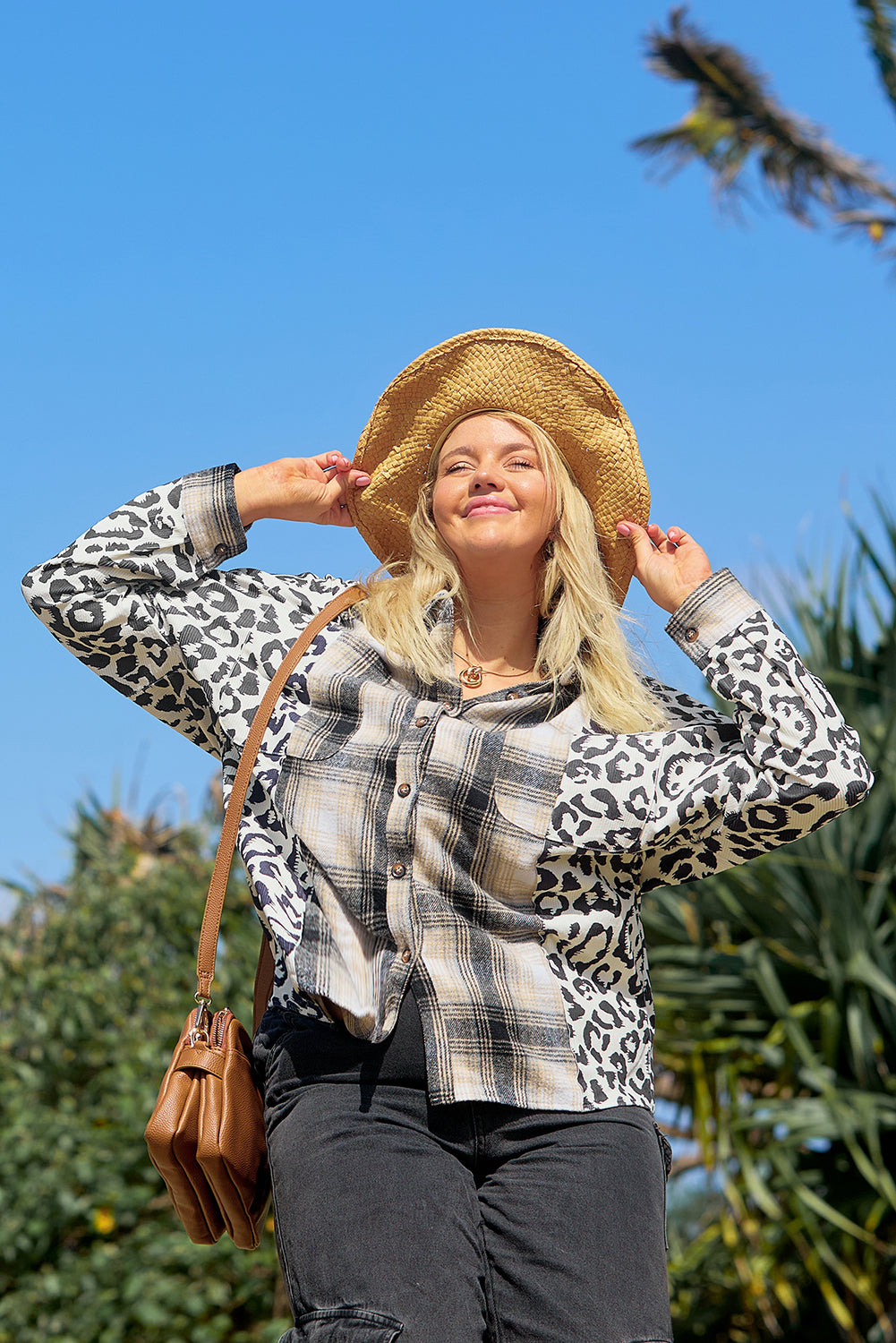 Black Plus Size Plaid Leopard Printed Patchwork Shacket