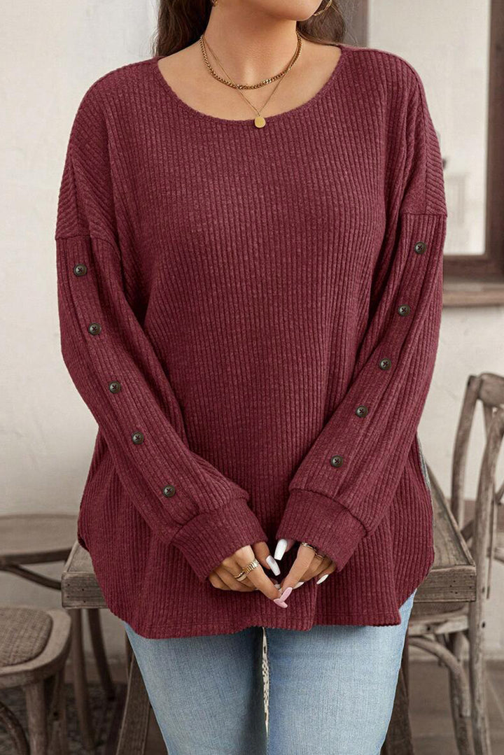 Wild Ginger Plus Size Ribbed Button Decor Long Sleeve Loose Top