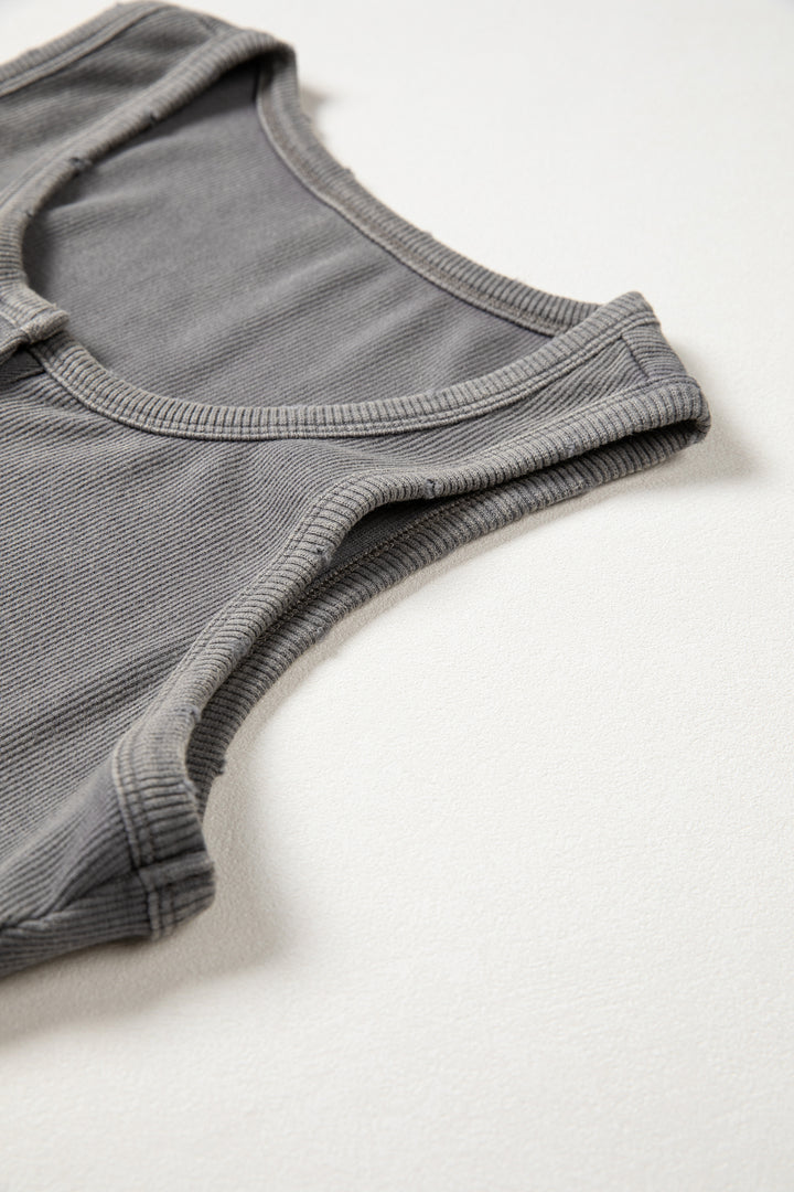 Medium Grey Vintage Distressed Ribbed Mineral Wash Tank Top