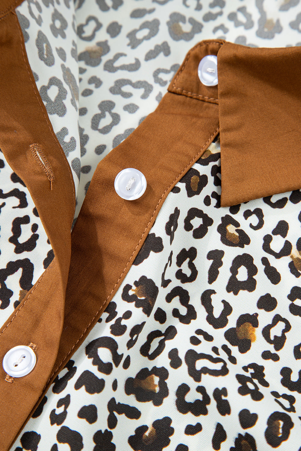 Khaki Plus Size Button Leopard Print Puff Sleeve Loose Mini Dress
