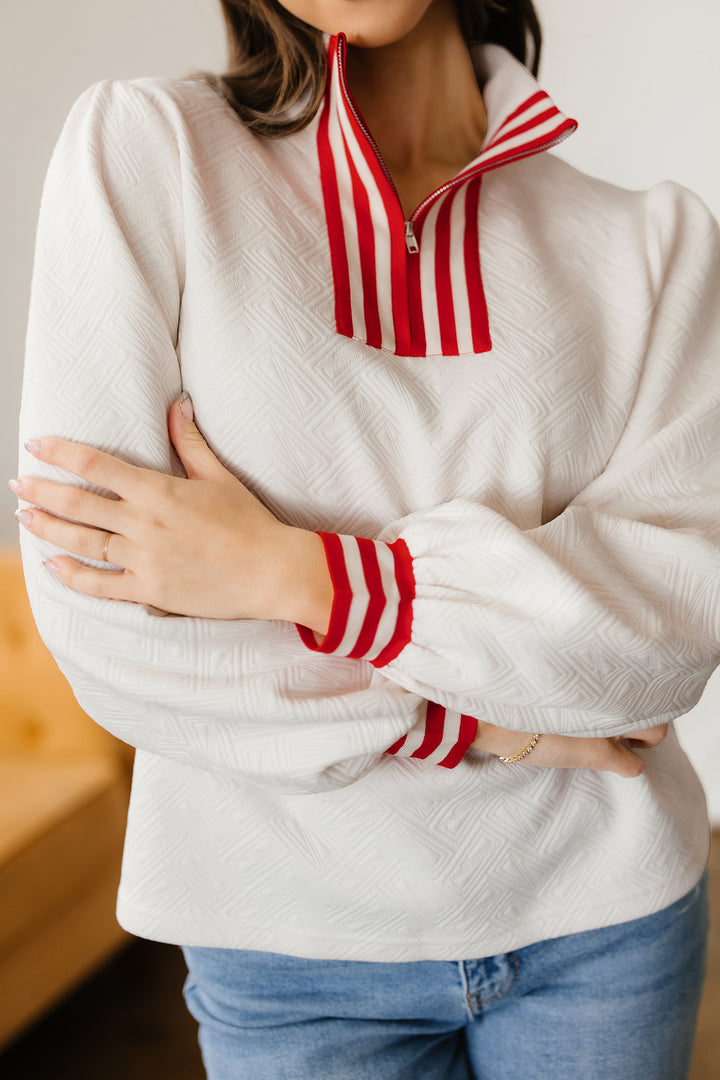 Textured Knit Contrast Striped Accent Zipped Collar Pullover Top