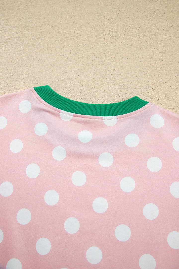 Pink Polka Dot Contrast Trim Long Sleeve Top Drawstring Shift Pants Set