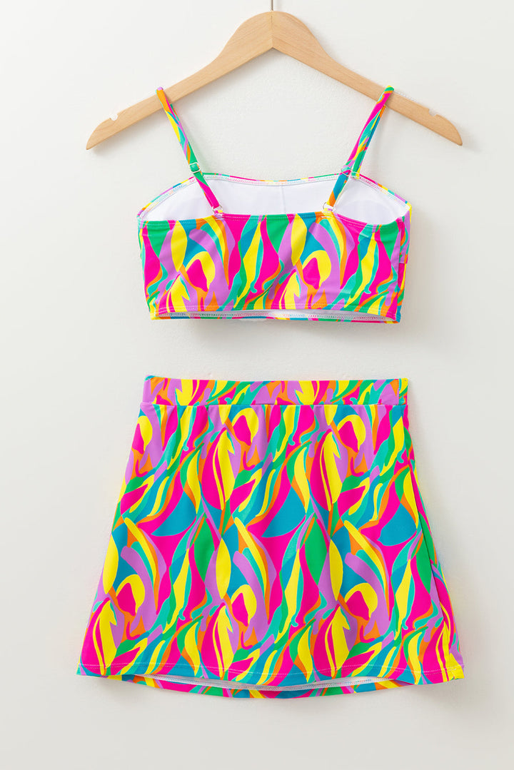 abstract print textured spaghetti strap high waist bikini set