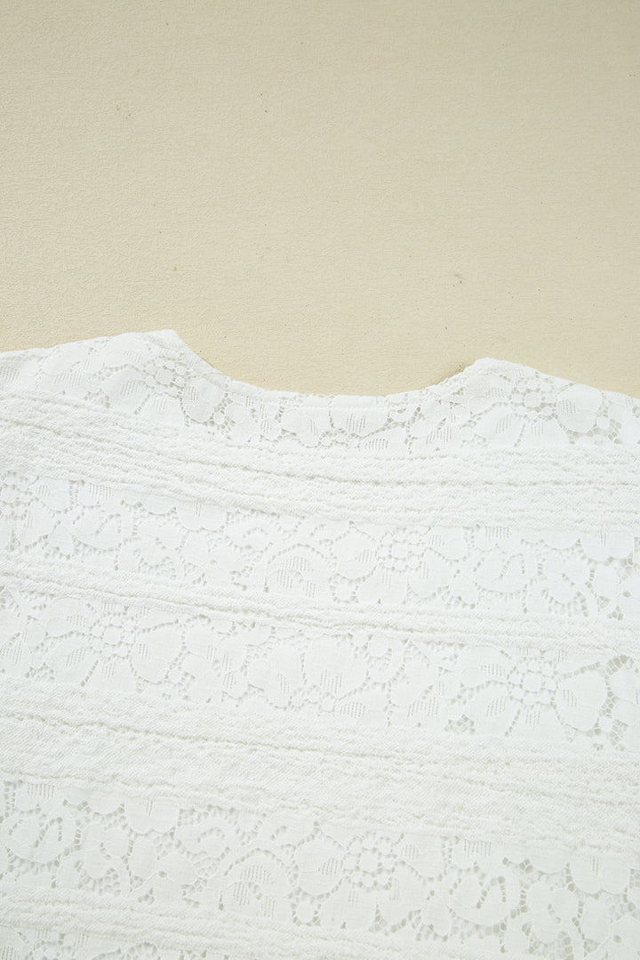 Chic White Lace Crochet Round Neck Puff Sleeve Shift Mini Dress