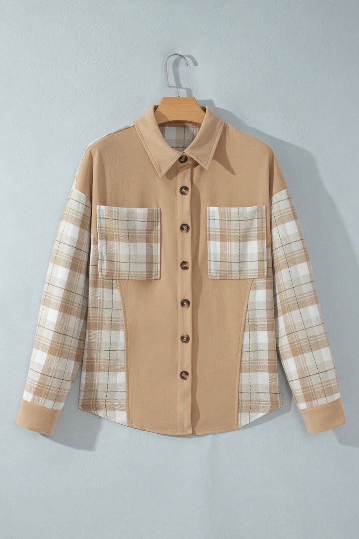 Light French Beige Plaid Colorblock Shirt Collar Shift Shacket