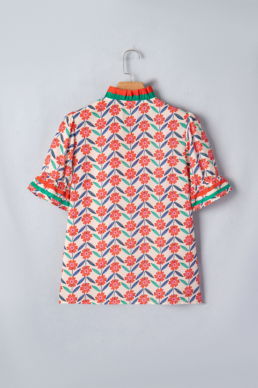 Floral Print Striped Detail V Neck Ruffled Short Sleeve Blouse