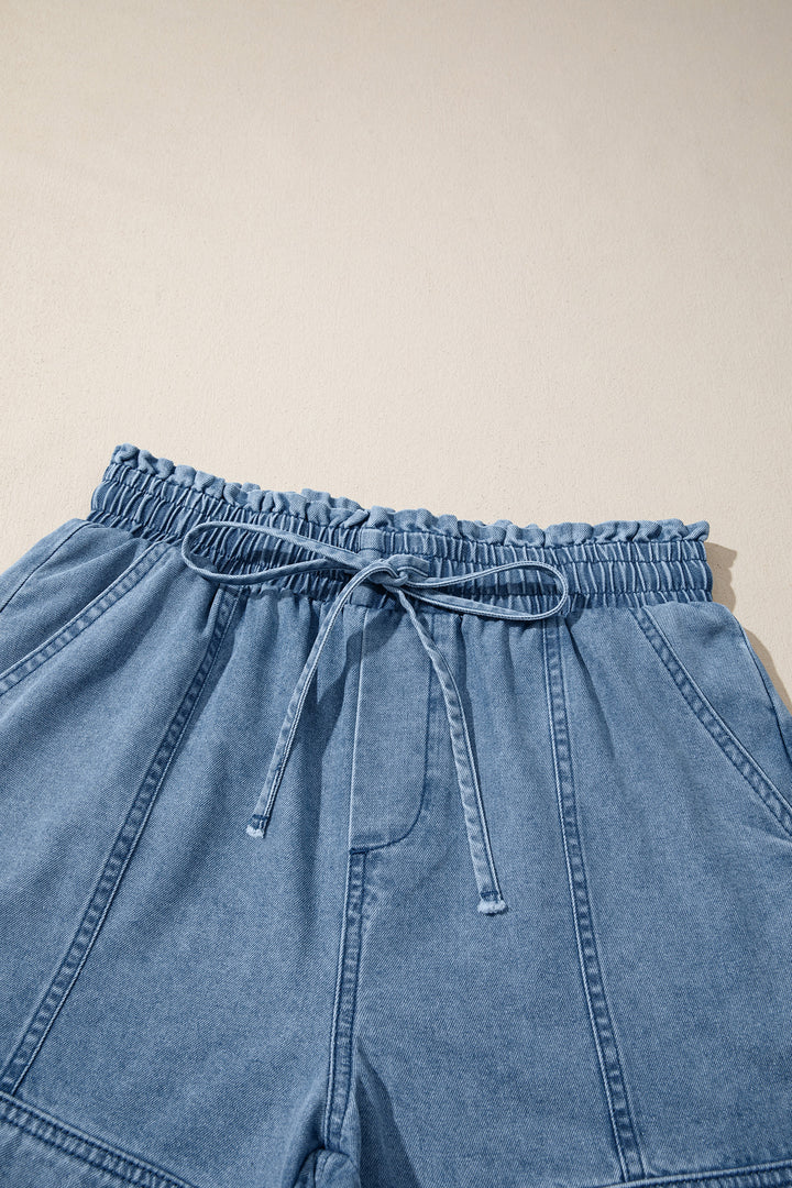 Dusk Blue Smocked Elastic Waist Denim Shorts