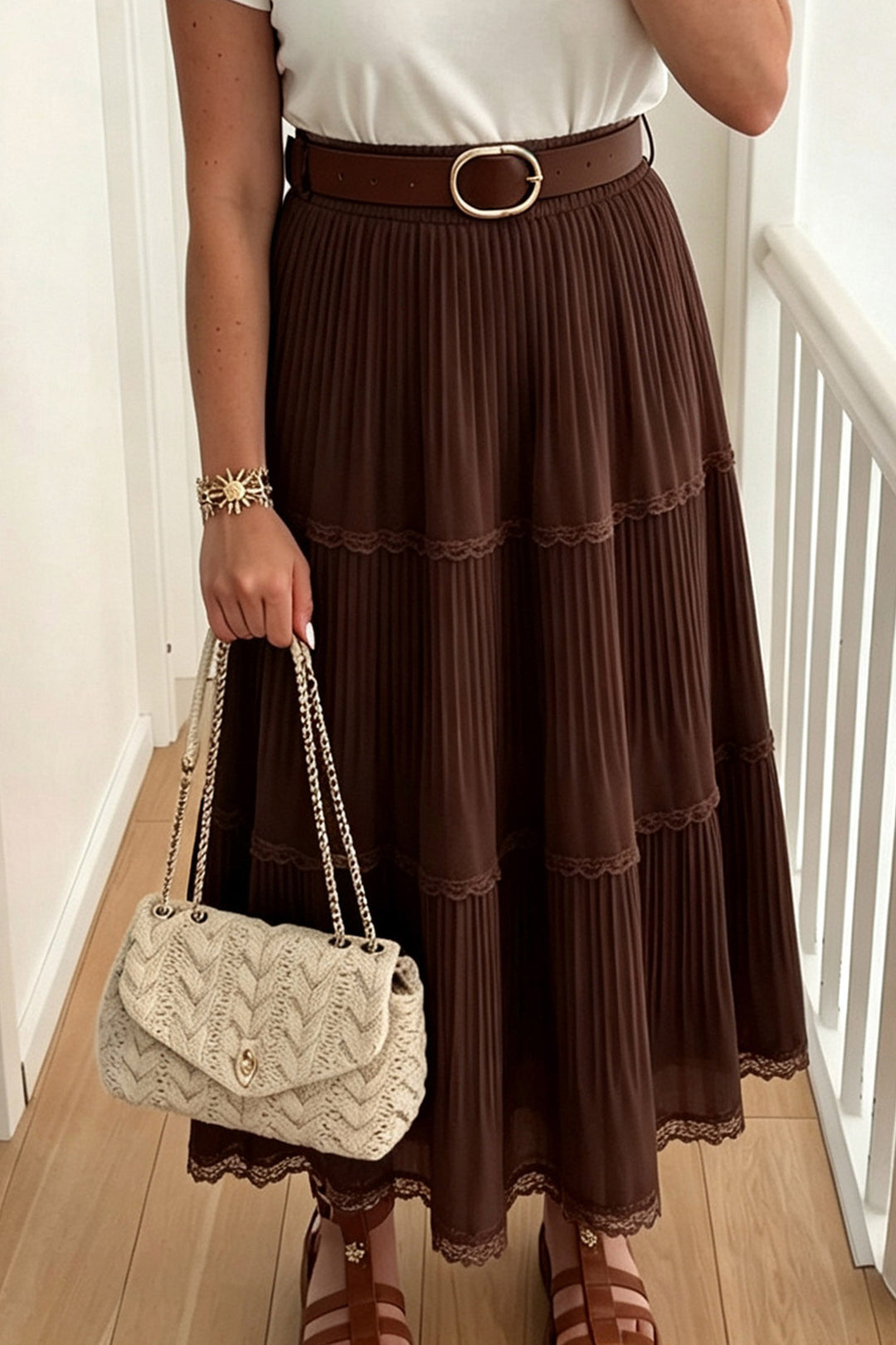 Coffee Solid Color Pleated Lace Trim Tiered Long Skirt