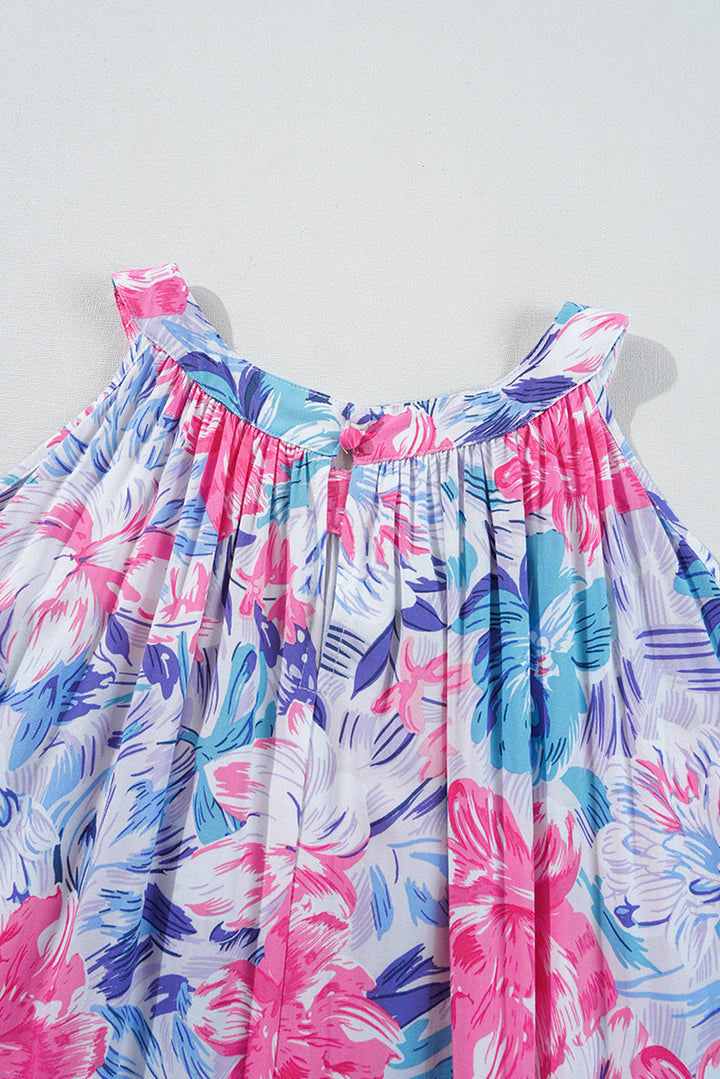Floral Printed Sleeveless O Neck Knot Waist Maxi Dress