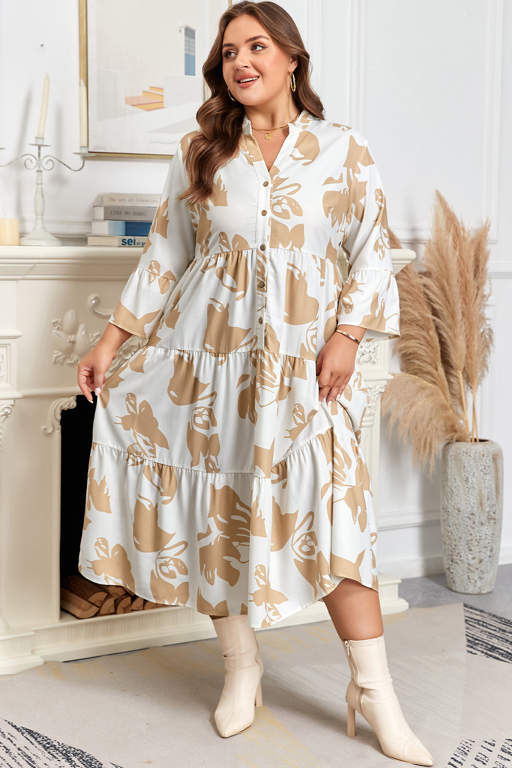 Khaki Patterned Half Placket Tiered A-line Plus Size Long Dress