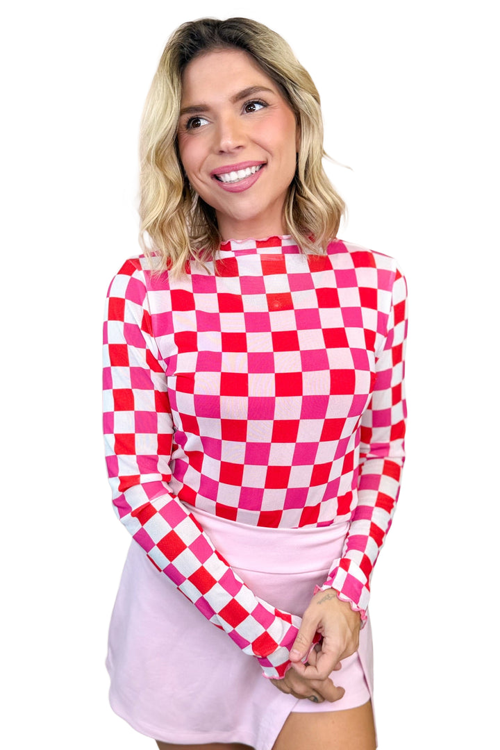 Rose Plaid Mesh Sheer Long Sleeve Top