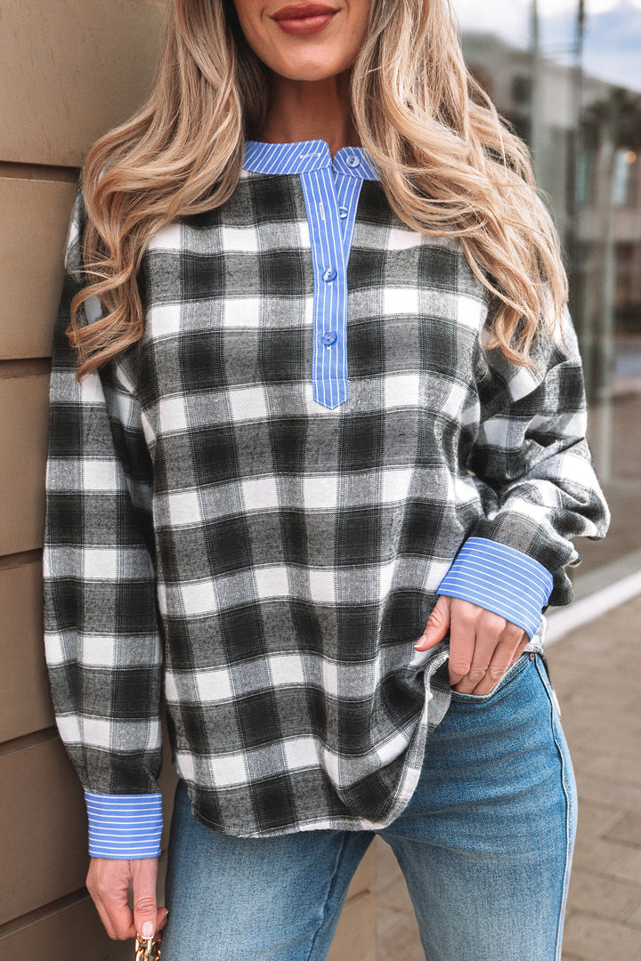 Contrast Striped Edge Half Placket Plaid Blouse