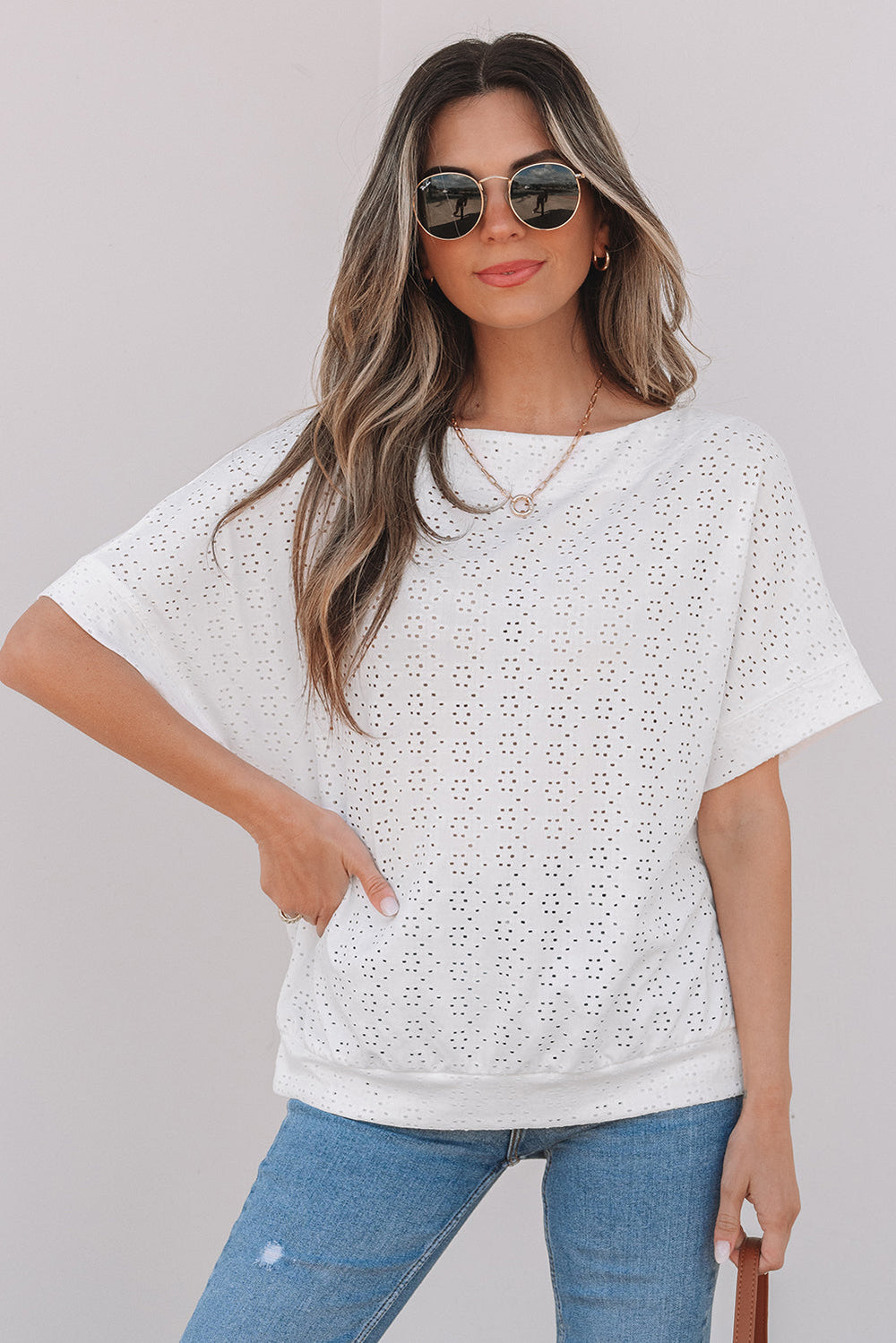 Eyelet Pattern Boat Neck Casual Tee