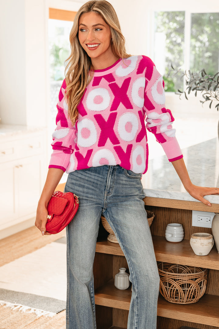 XOXO Pattern Drop Shoulder Crewneck Valentines Sweater