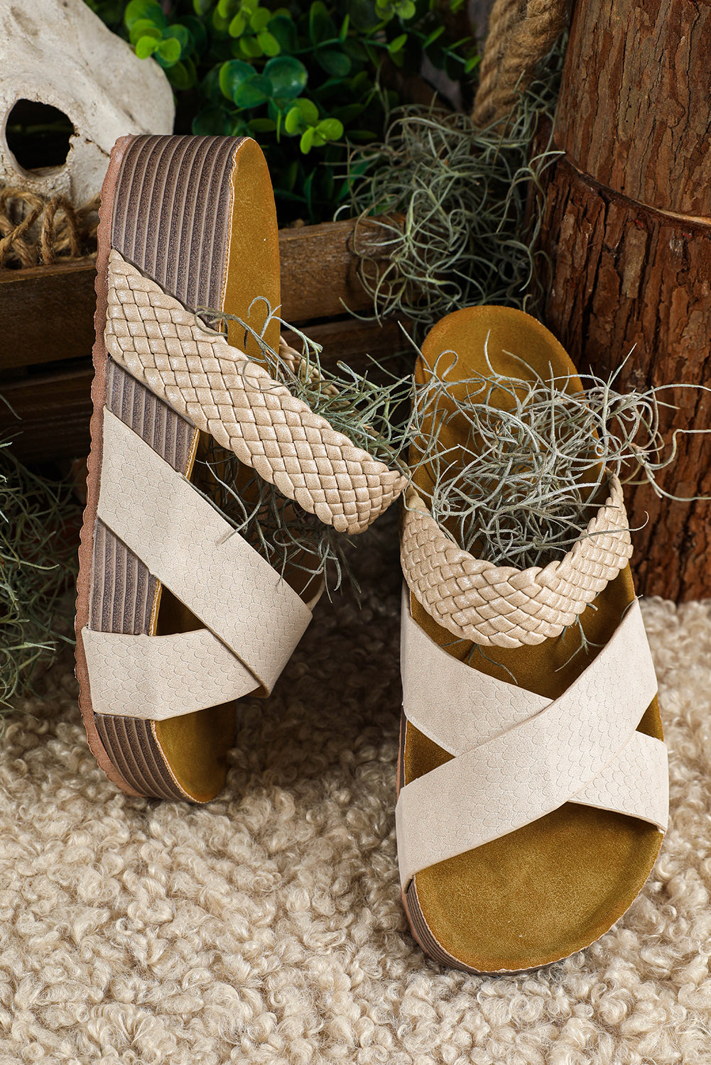 Braided Detail Criss Cross Platform Slippers