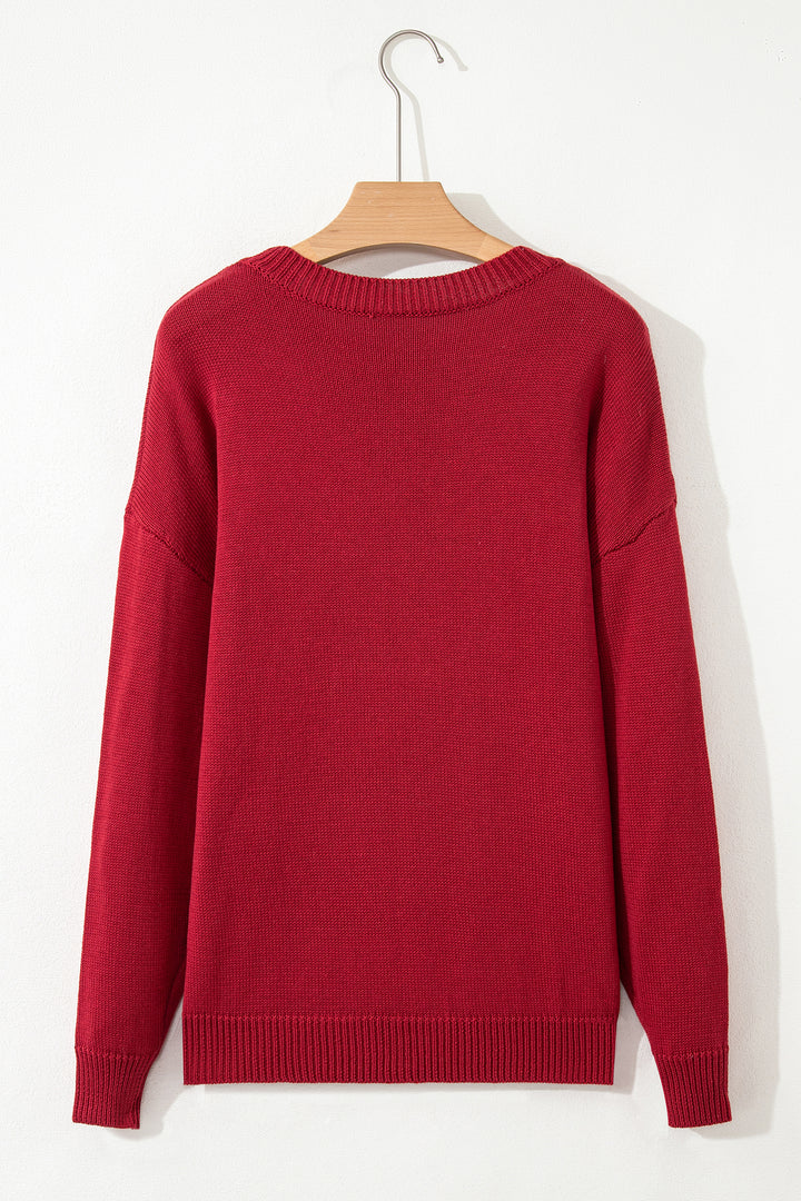 Racing Red Merry Colorful Dot Detail Christmas Drop Shoulder Sweater