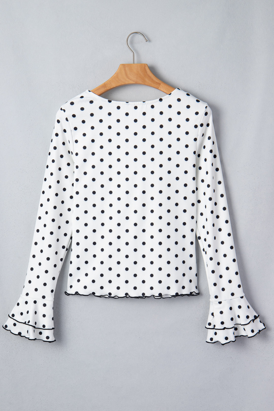 Black Polka Dot Print Lettuce Trim Long Sleeve Top