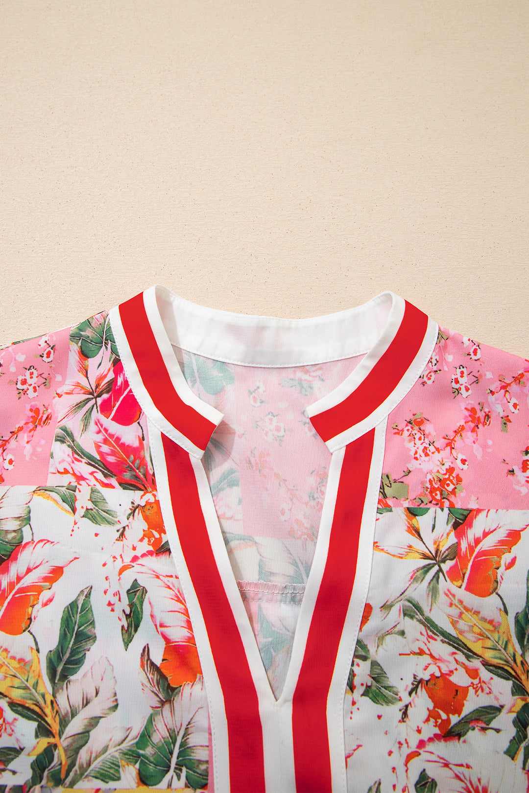 Pink Color Block Floral Print Contrast Trim V Neck Ruffle Hem Mini Dress