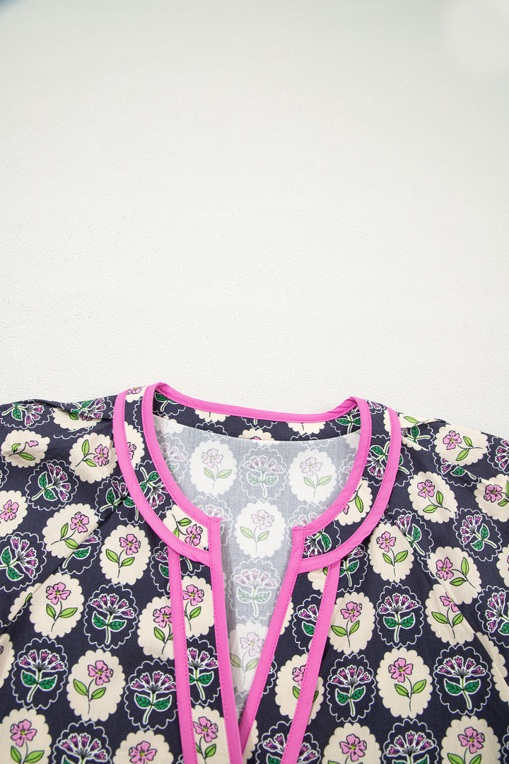 Casual Striped Trim Short Sleeve Vintage Floral Shift Dress