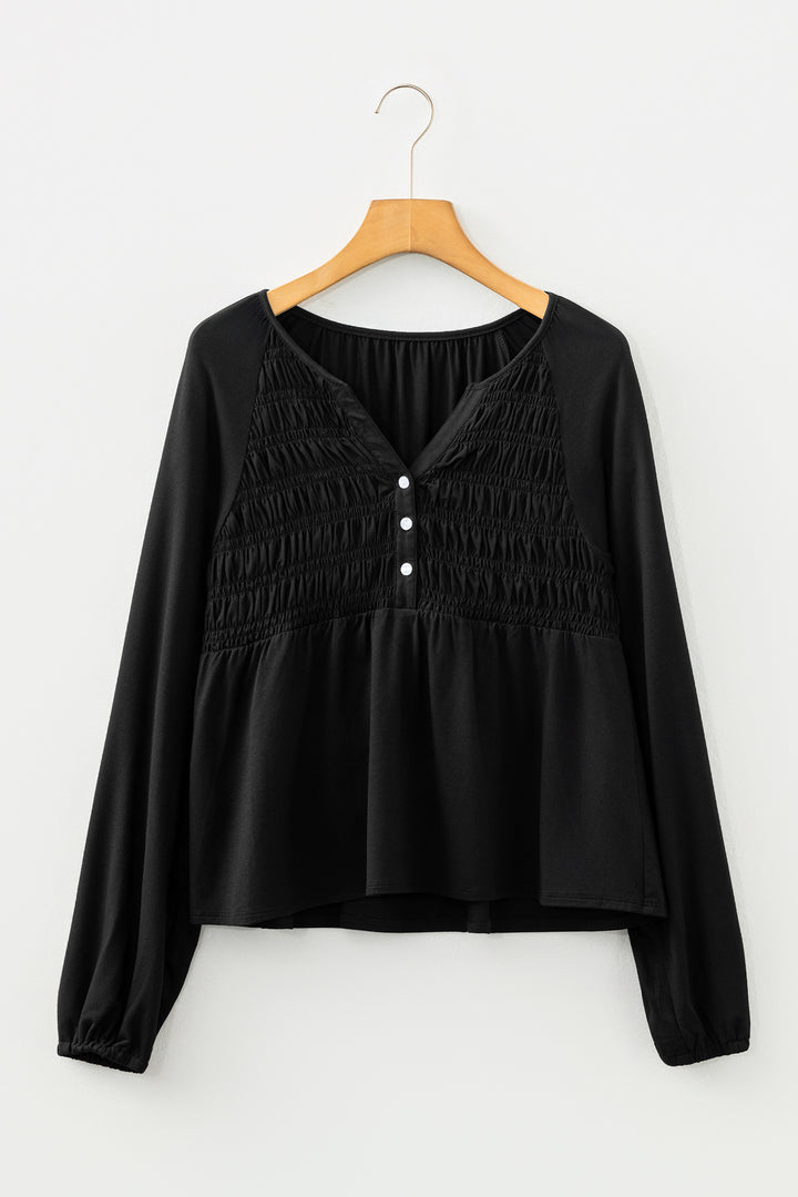 Smocked Bust Buttoned Split V Neck Flow Fit Blouse