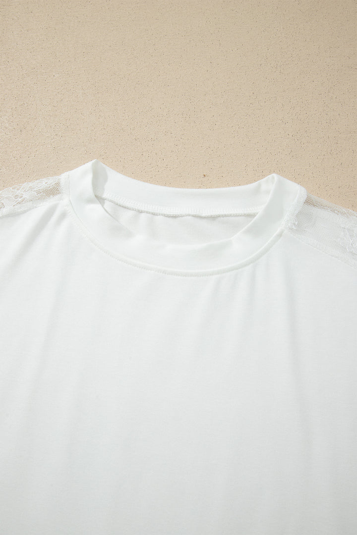 White Lace Patchwork Round Neck Long Sleeve Top