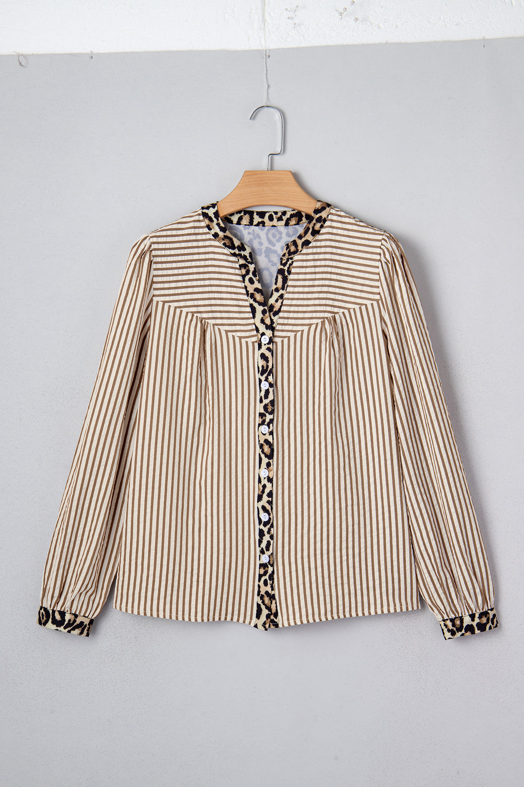 Brown Stripe Leopard Patchwork Long Sleeve Shirt