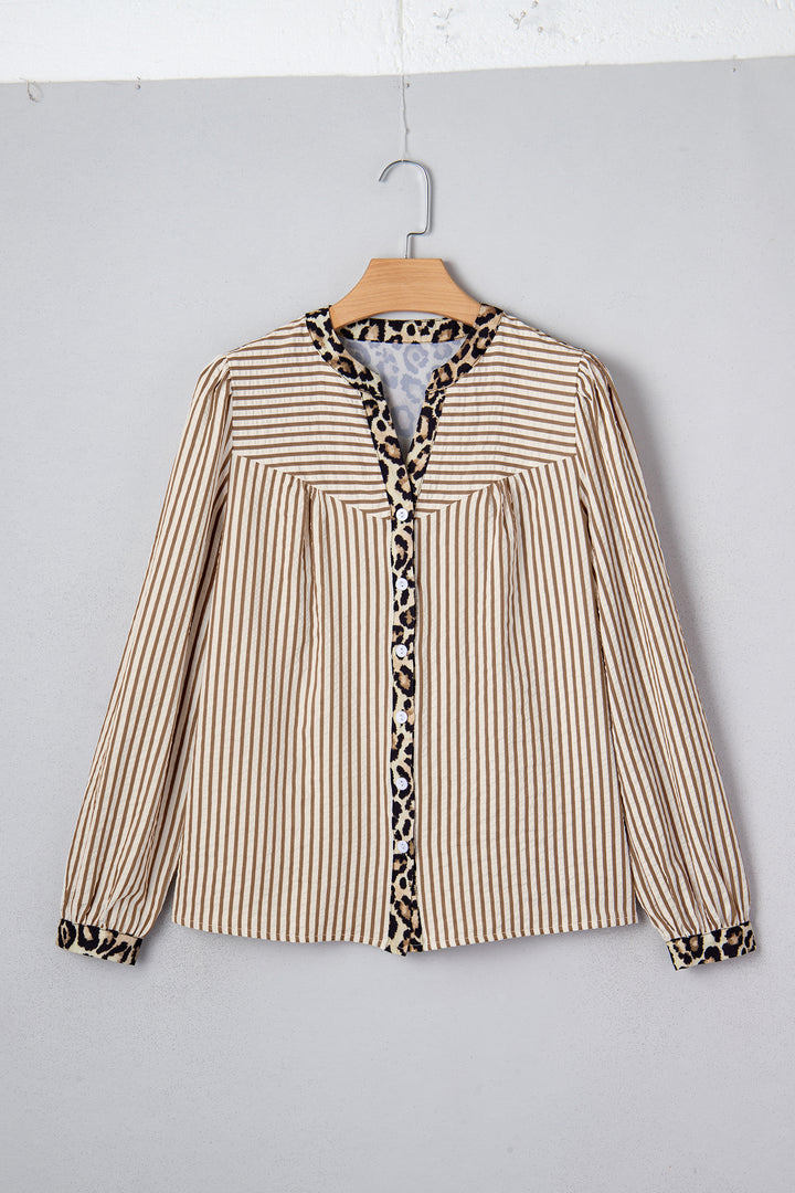 Brown Stripe Leopard Patchwork Long Sleeve Shirt