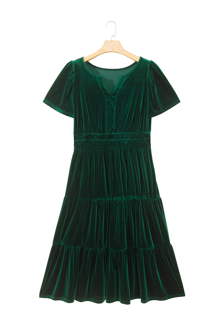 Blackish Green Velvet Short Sleeve Shirred Waist Tiered Plus Size Maxi Dress