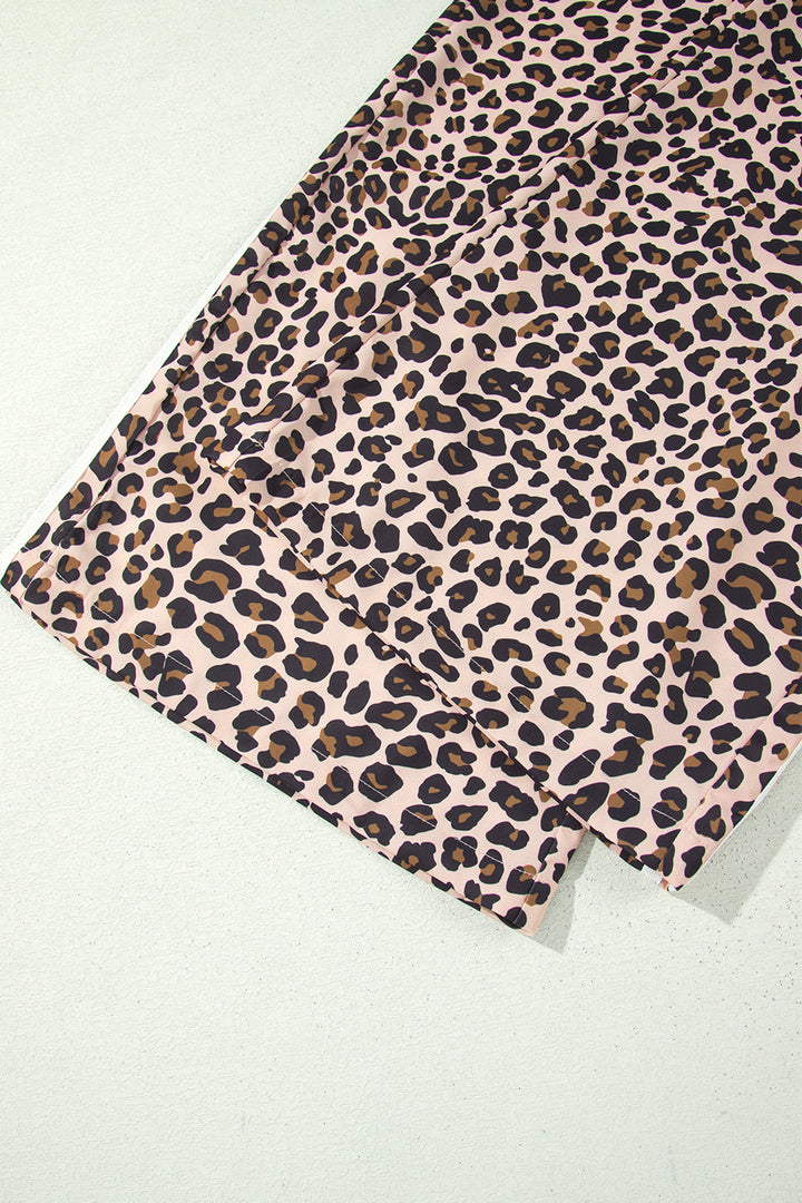 Beige Leopard Print Side Striped Detail Casual Wide Leg Pants