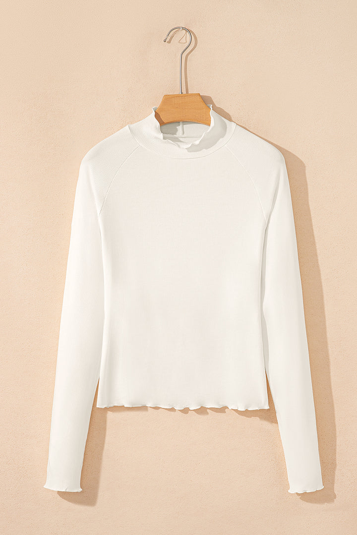 White Ribbed Knit Lettuce Trim High Neck Long Sleeve Top