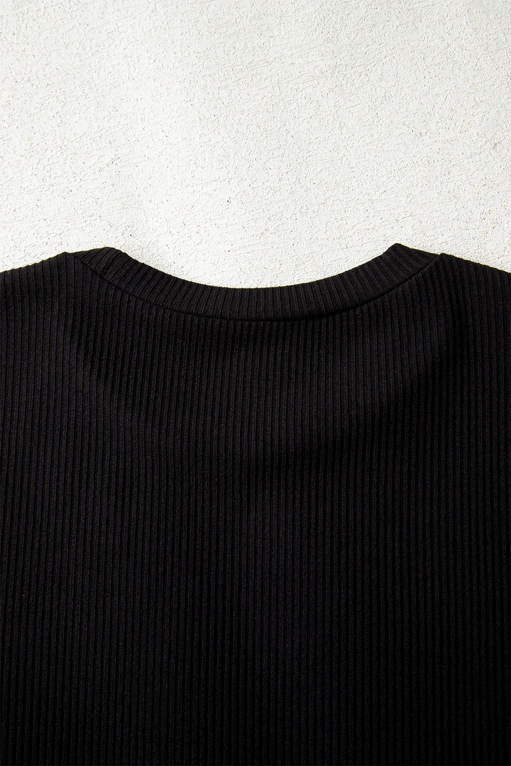 Dearlovers Black Ribbed Long Sleeve Crew Neck Solid Color Bodysuit