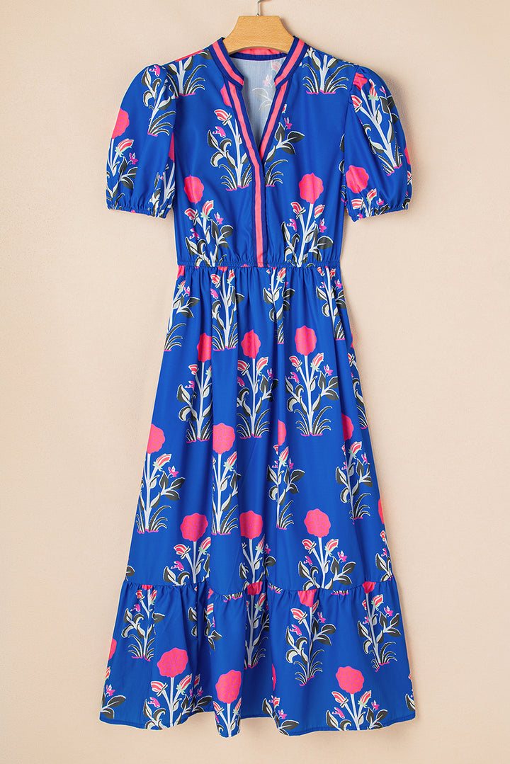 Blue Floral Puff Short Sleeve Maxi Dress