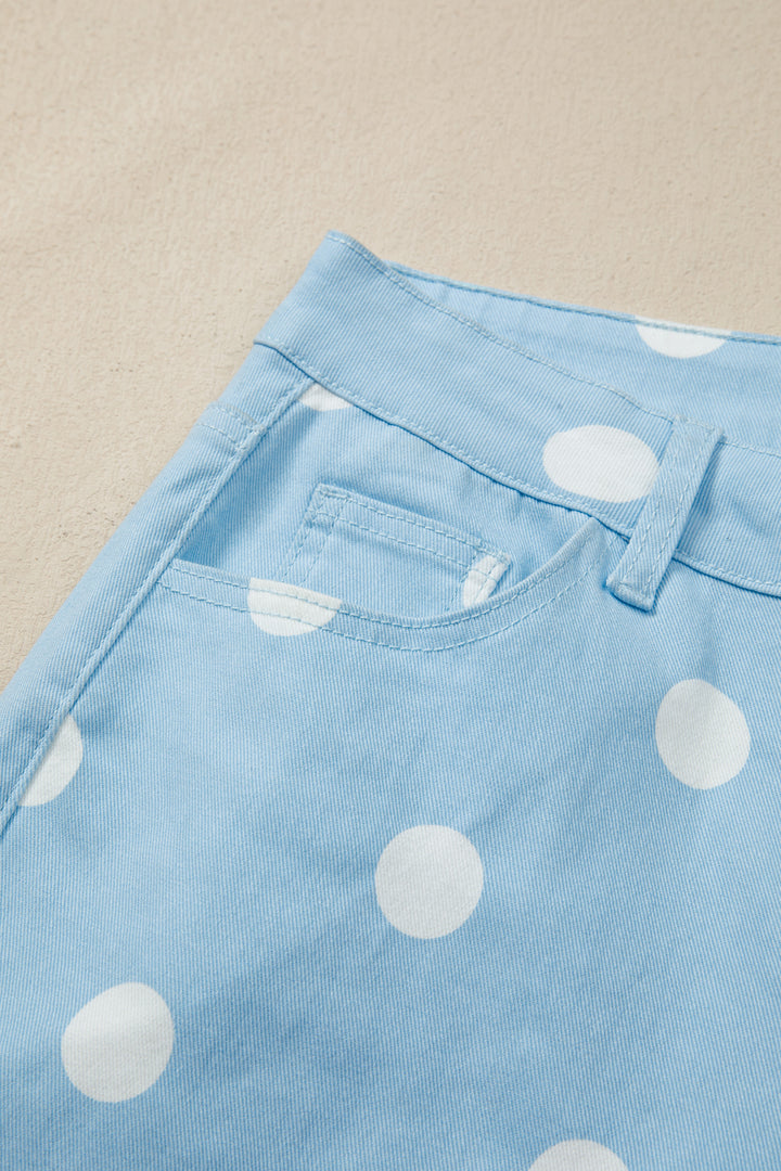 Sky Blue Polka Dot Print Raw Hem Shift Jeans
