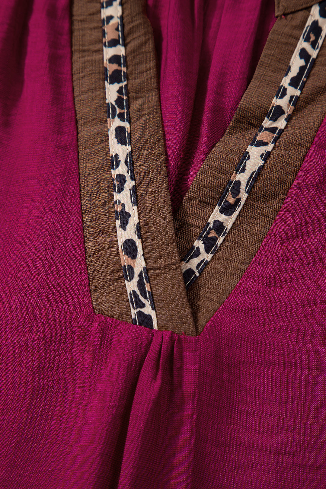 Leopard Trim V Neck Flounced Bracelet Sleeve Blouse
