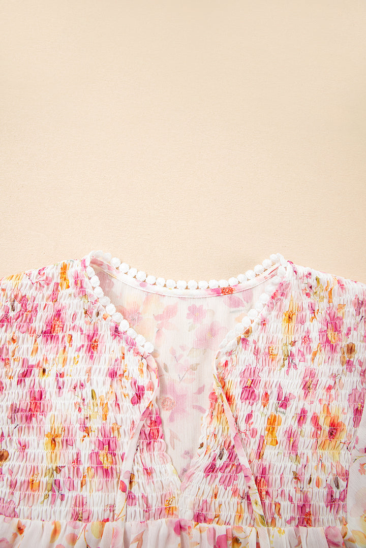 Floral Print Tassel Tie Smocked V Neck Puff Sleeve Tunic Blouse