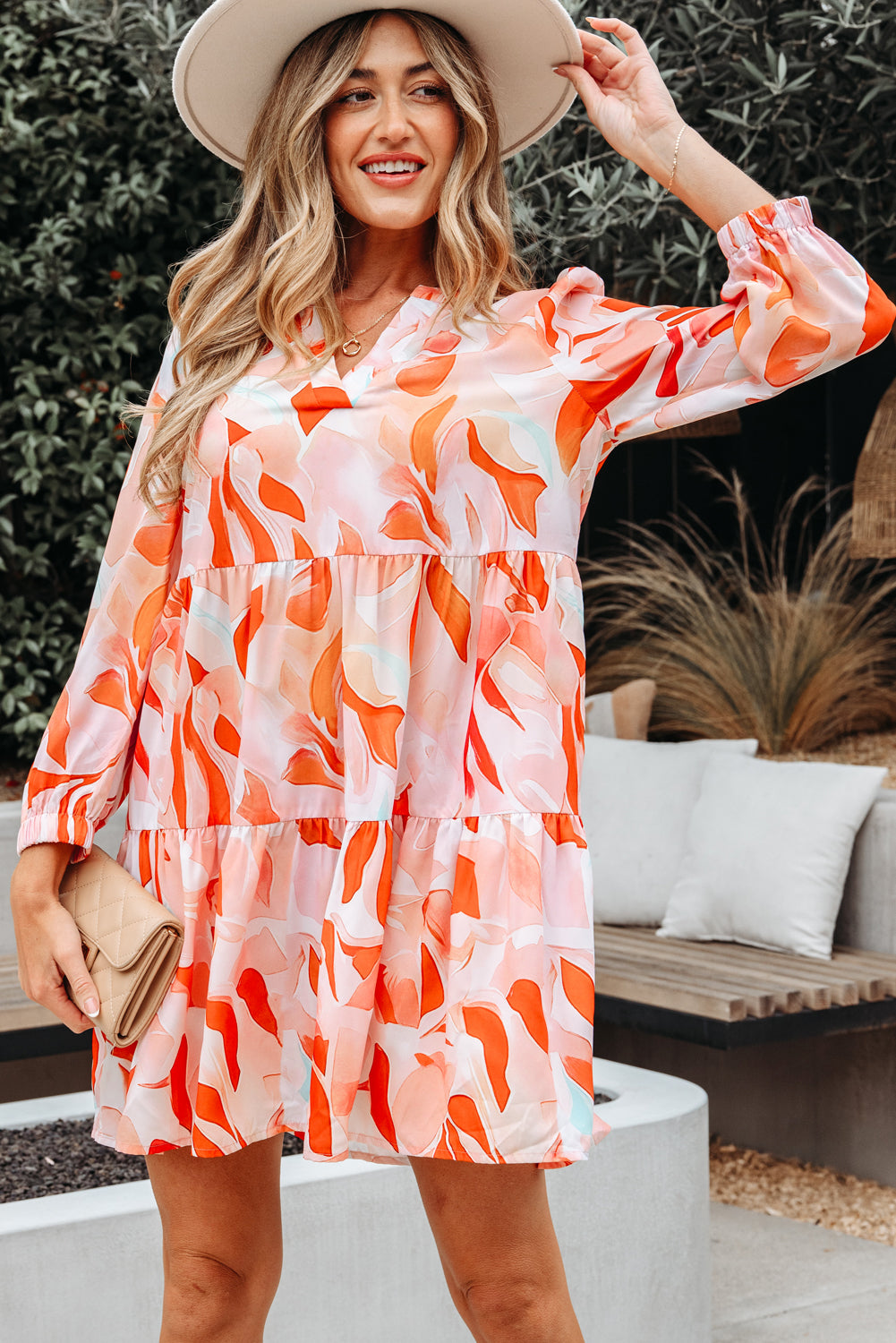 Abstract Print Split Neck Long Sleeve Dress