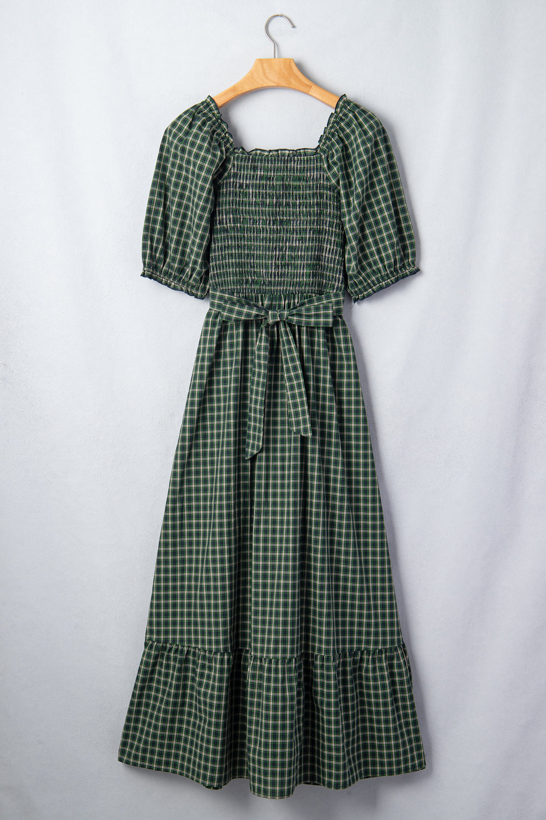 Green Plaid Square Neck Shirred High Waist Ruffle Hem Long Dress