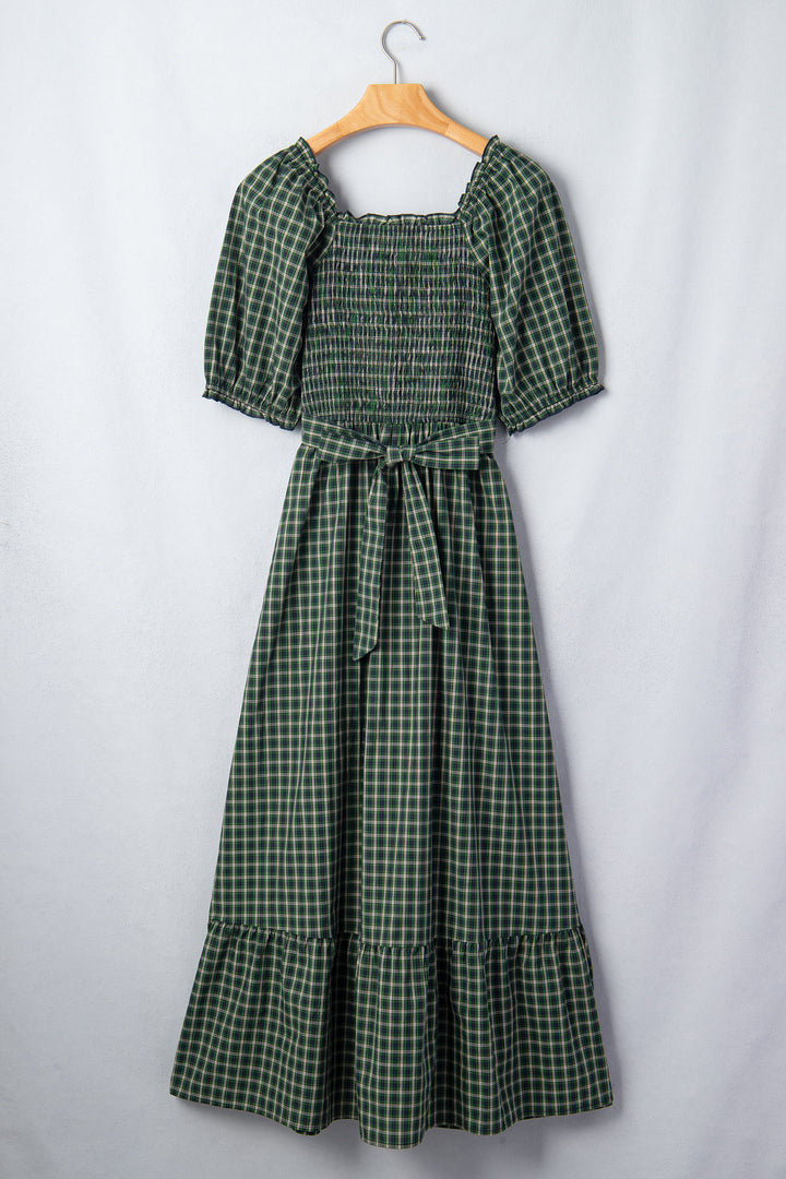 Green Plaid Square Neck Shirred High Waist Ruffle Hem Long Dress