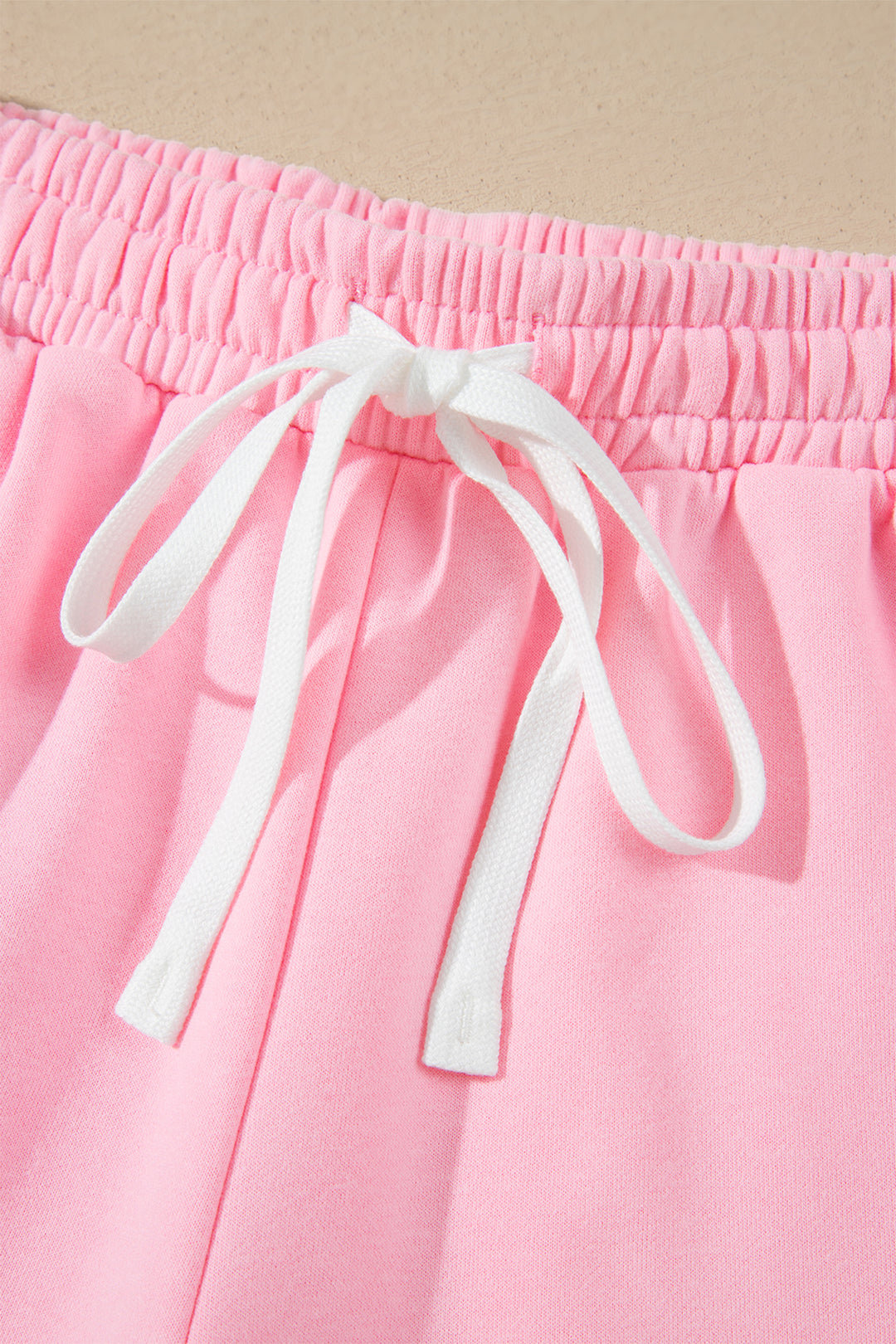 Pink Piping Trim Long Sporty Pullover Drawstring Elastic Waist Shorts Set