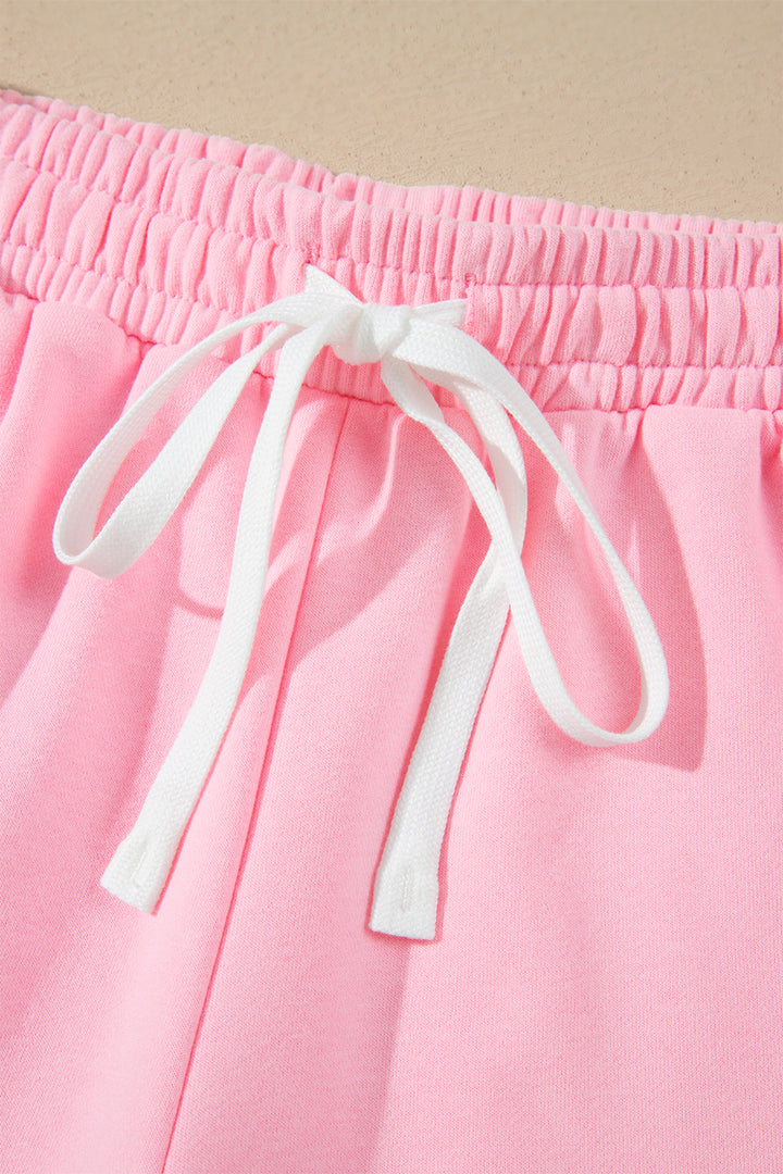 Pink Piping Trim Long Sporty Pullover Drawstring Elastic Waist Shorts Set